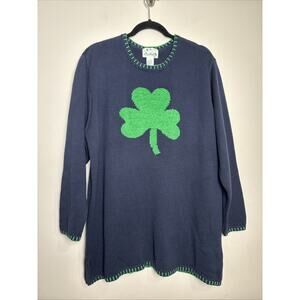 Quacker Factory Sweater Womens Plus 1X Navy Blue St Patricks Day Green Shamrock